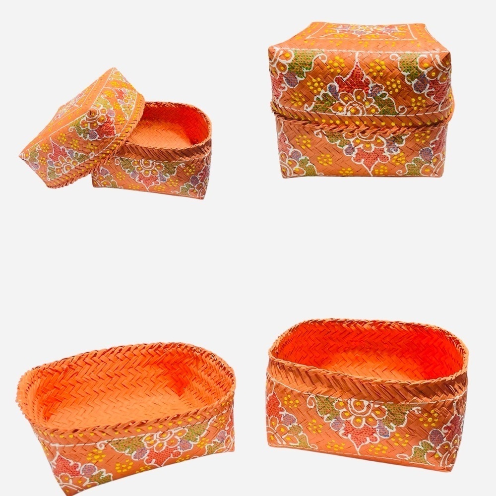 Vintage Orange Indonesian Hand Painted Offering Basket With Lid 7" x 7" x 6"